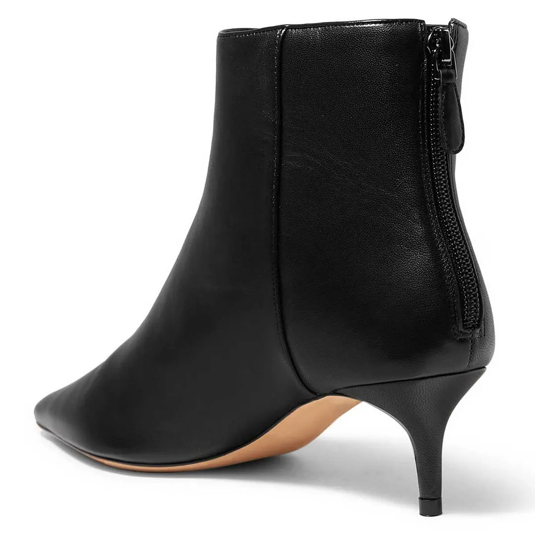 Black Vegan Leather Pointed Toe Back-Zip Ankle Boots with Kitten Heel