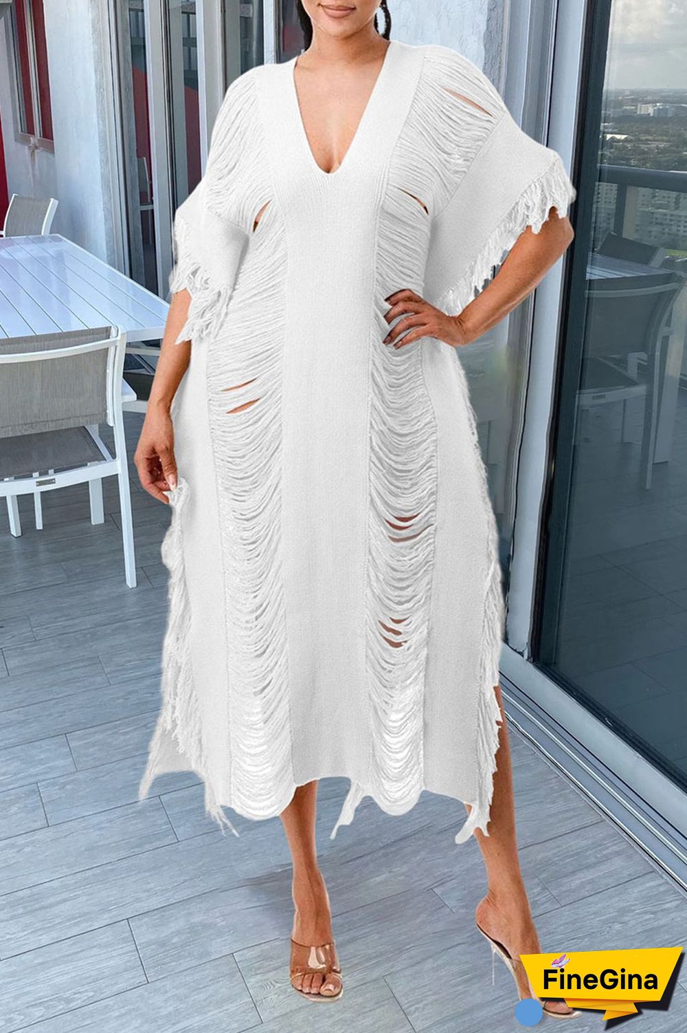White Sexy Solid Tassel Hollowed Out Patchwork V Neck Beach Dress Two Pieces Set