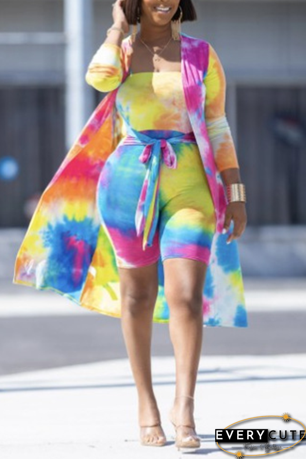 Sexy Patchwork Tie-Dye Strapless Long Sleeve Two Pieces