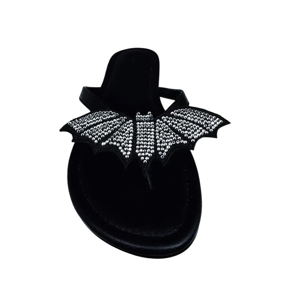 Black Open Toe Flat Rhinestone Bat Flip Flop Women's Sandals