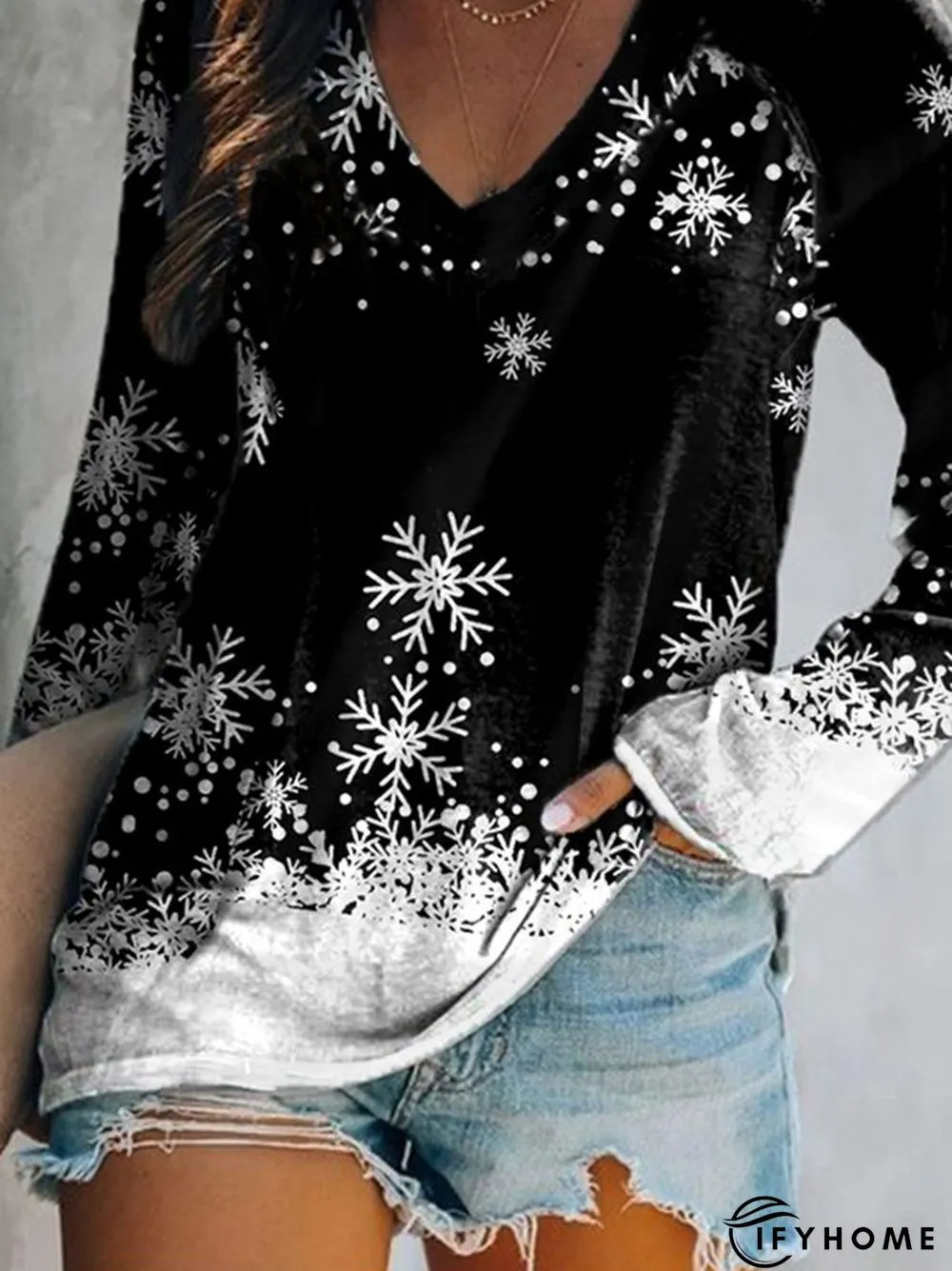 Long Sleeve V Neck Casual Printed T-shirt | IFYHOME