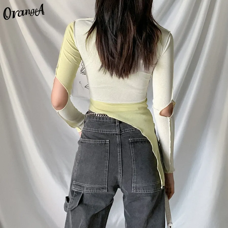OrangeA Women Casual Summer Long Sleeve t-Shirt Asymmetry Patchwork Crop Tops Turtleneck Elastic Hight Skinny Fashion Streetwear