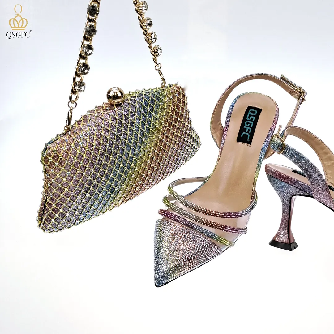 QSGFC2022 Fashion Shiny Full Diamond Decoration In Nigeria Elegant Orange Color Ladies Shoes and Bag For Party Wedding
