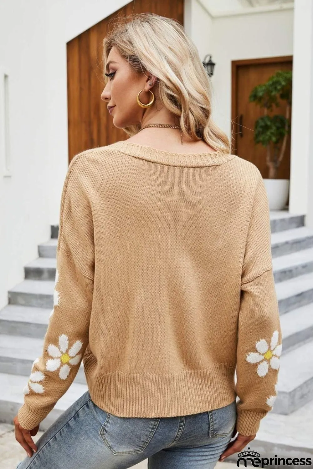 Floral Ribbed Trim Drop Shoulder Cardigan