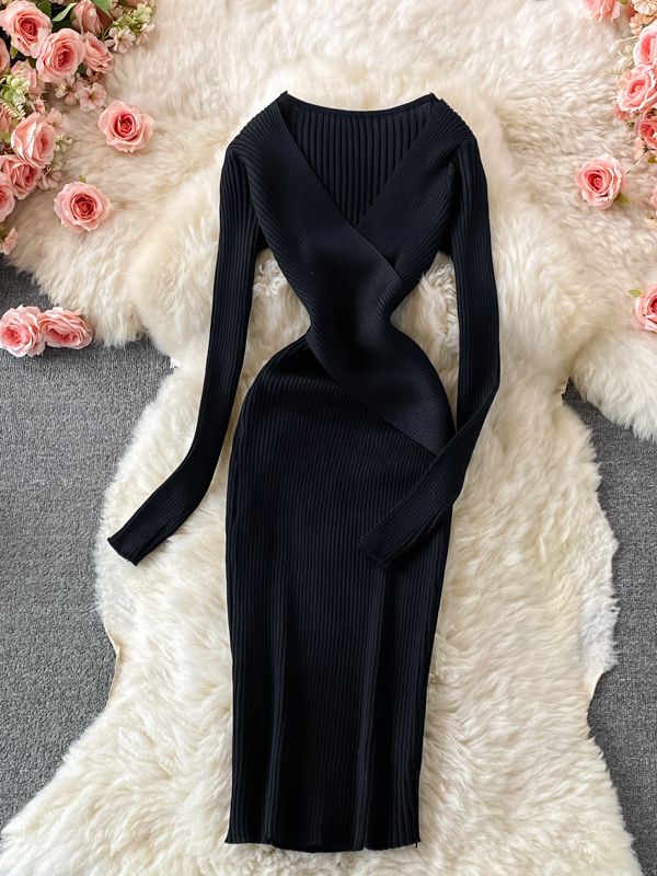 Elegant Cross V-neck Slim Waist Knitted Bodycon Sweater Dress