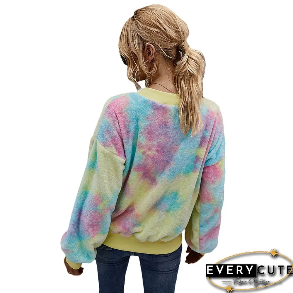 Yellow Zipper Up Tie Dye Print Plush Coat
