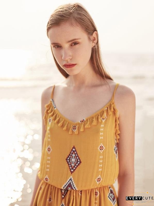 Print Spaghetti Strap Tassel Bohemia Rompers