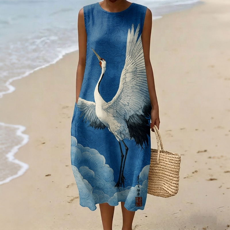 Women's Retro Japanese Crane Print Linen Blend Slip Dress elevenforest