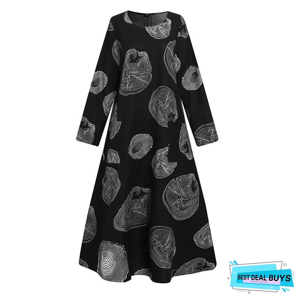 Autumn Women's Print Large Pocket Long Sleeve Casual Retro Dress Black Dresses