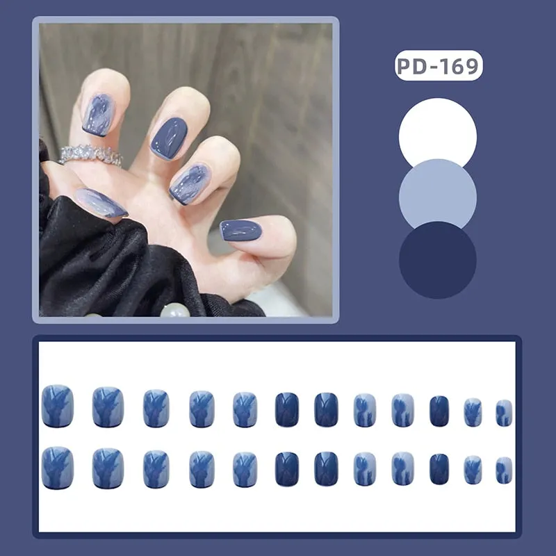 24pcs/box Blue Dye With Sequins Decorated press on nail tips Frosted Square Head Short Wearable Full Cover fake nails with glue-Nail Inspo