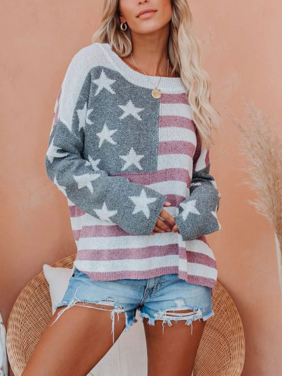 American Flag Off Shoulder Pullover Knitted Sweater