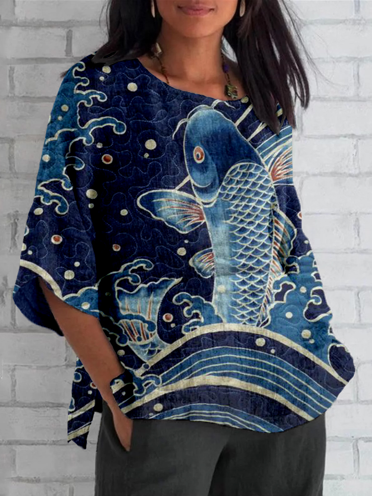 Vintage Koi Art Pattern Linen Blend Cozy Tunic