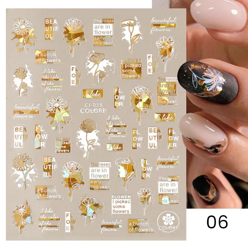 1 Pc 3D Nail Stickers Leaves Sliders for Nails Gold White Bronzing Flowers Gradient Adhesive Sticker Nail Design Art Decorations-Nail Inspo