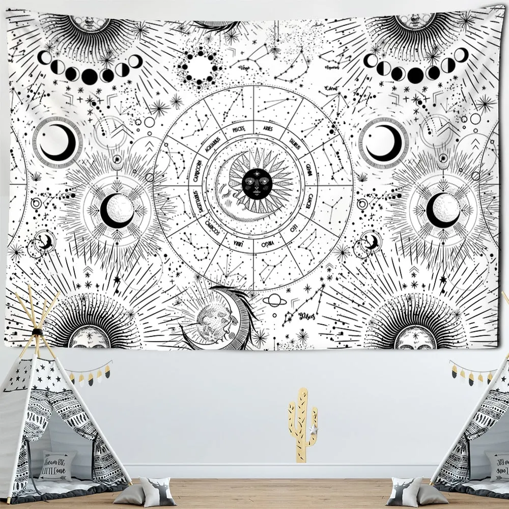 White Black Sun Moon Mandala Starry Sky Tapestry Wall Hanging Bohemian Gypsy Psychedelic Tapiz Witchcraft Astrology Tapestry