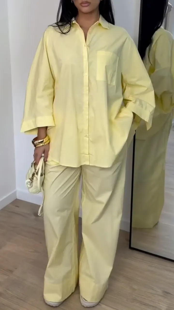 Oversized Button Shirt Wide Leg Pants Set
