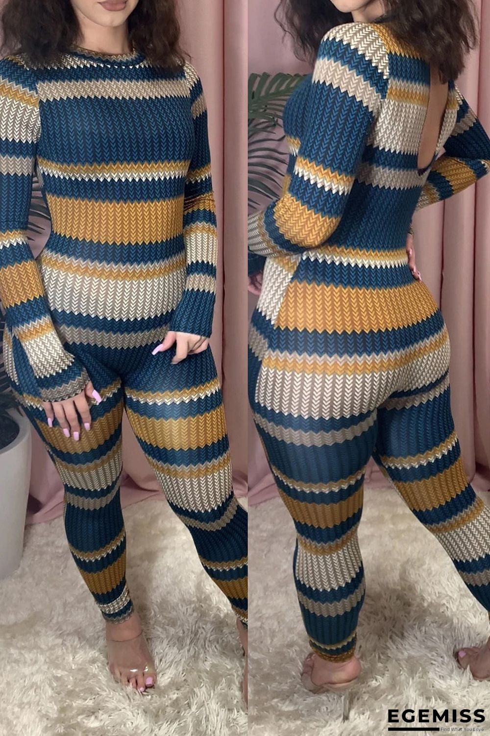 Yellow Casual Fiber Striped Print Pants O Neck Skinny Jumpsuits | EGEMISS