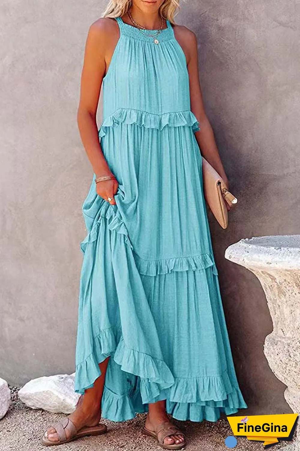 Pocketed Halter Textured Maxi Dress