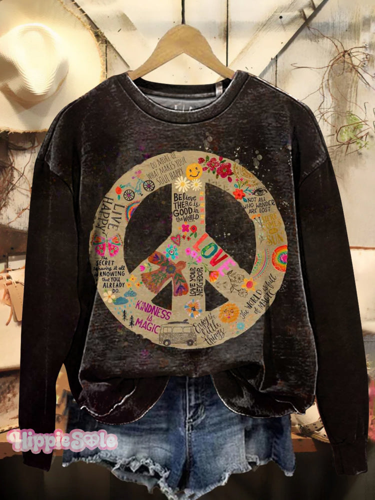 Retro Hippie Peace Sign Love And Casual Sweatshirt Multicolor / S