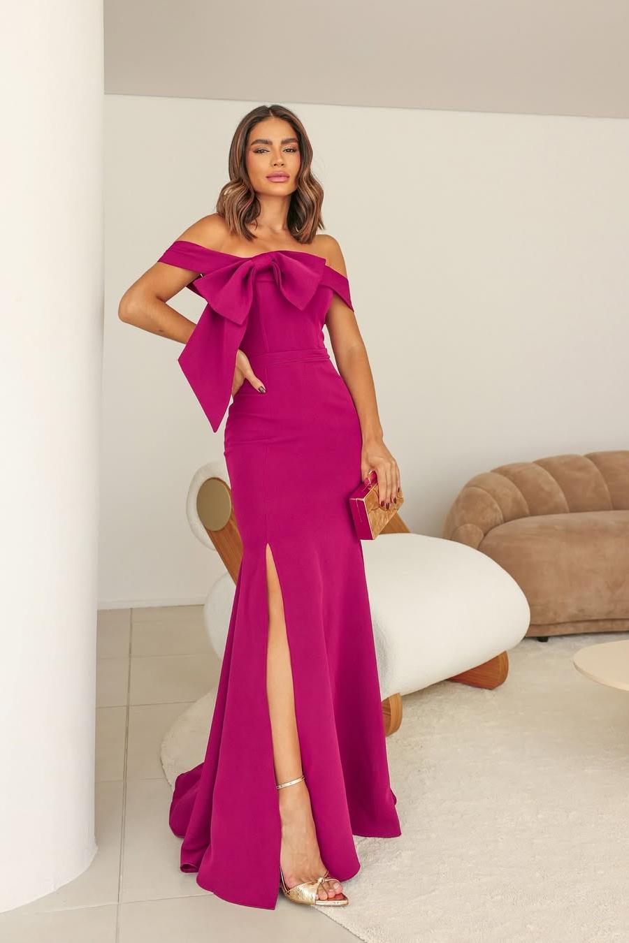 Lussooy Fuchsia Charming Satin Off the Shoulder Strapless Bow Long Prom Dress with Split 