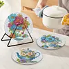 4PCS Wooden Diamond Painted Placemats Tableware Mat with Holder(Tea Art Bouquet)