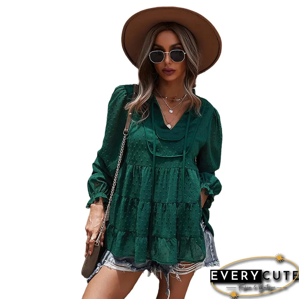 Green Swiss Dot Lace Up Long Sleeve Tops