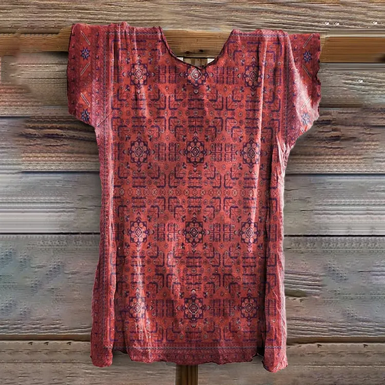 Vintage Western Print Crew Neck Linen Blend T-shirt