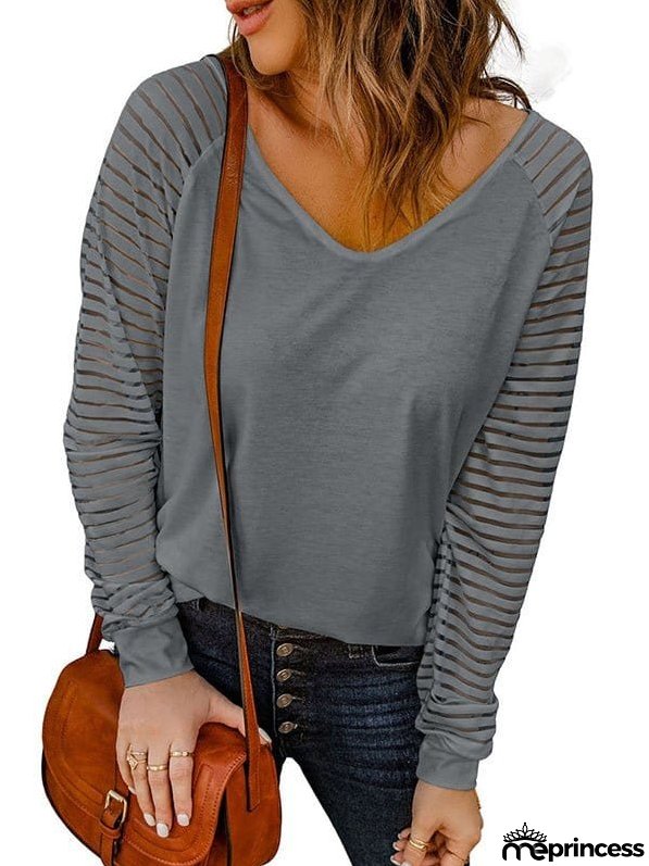 Stripe Long Sleeve Large Fashion Simple V-Neck T-Shirt