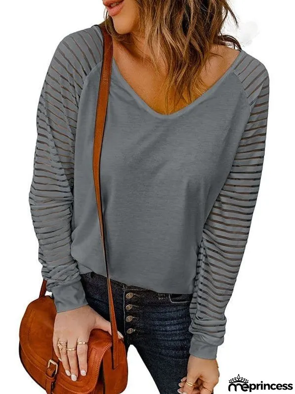 Stripe Long Sleeve Large Fashion Simple V-Neck T-Shirt