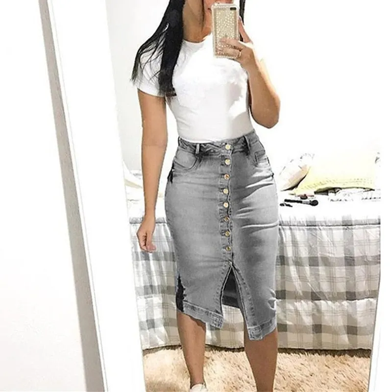Women Fashion High Waist  Denim Distressed Jeans Bodycon Long Skirt Buttons Pockets Split Bandage Jeans Skirt