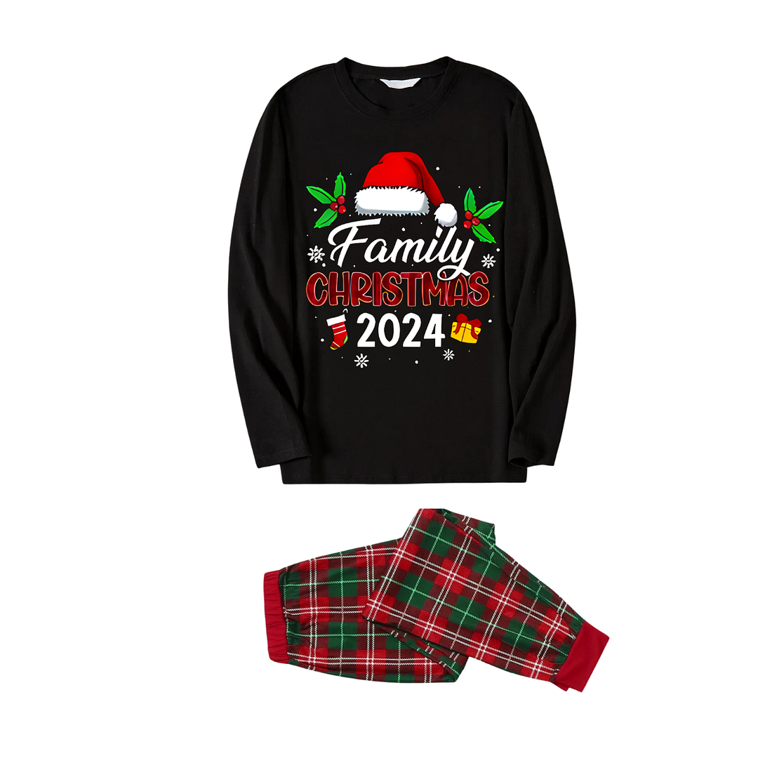 "Family Christmas 2024" Text and Santa Hat Printed Red and Green Plaid Family Matching Pajama