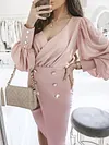 Stylish Solid Color Buttoned Cross-Strap V-Neck Long Sleeves Mini Dress