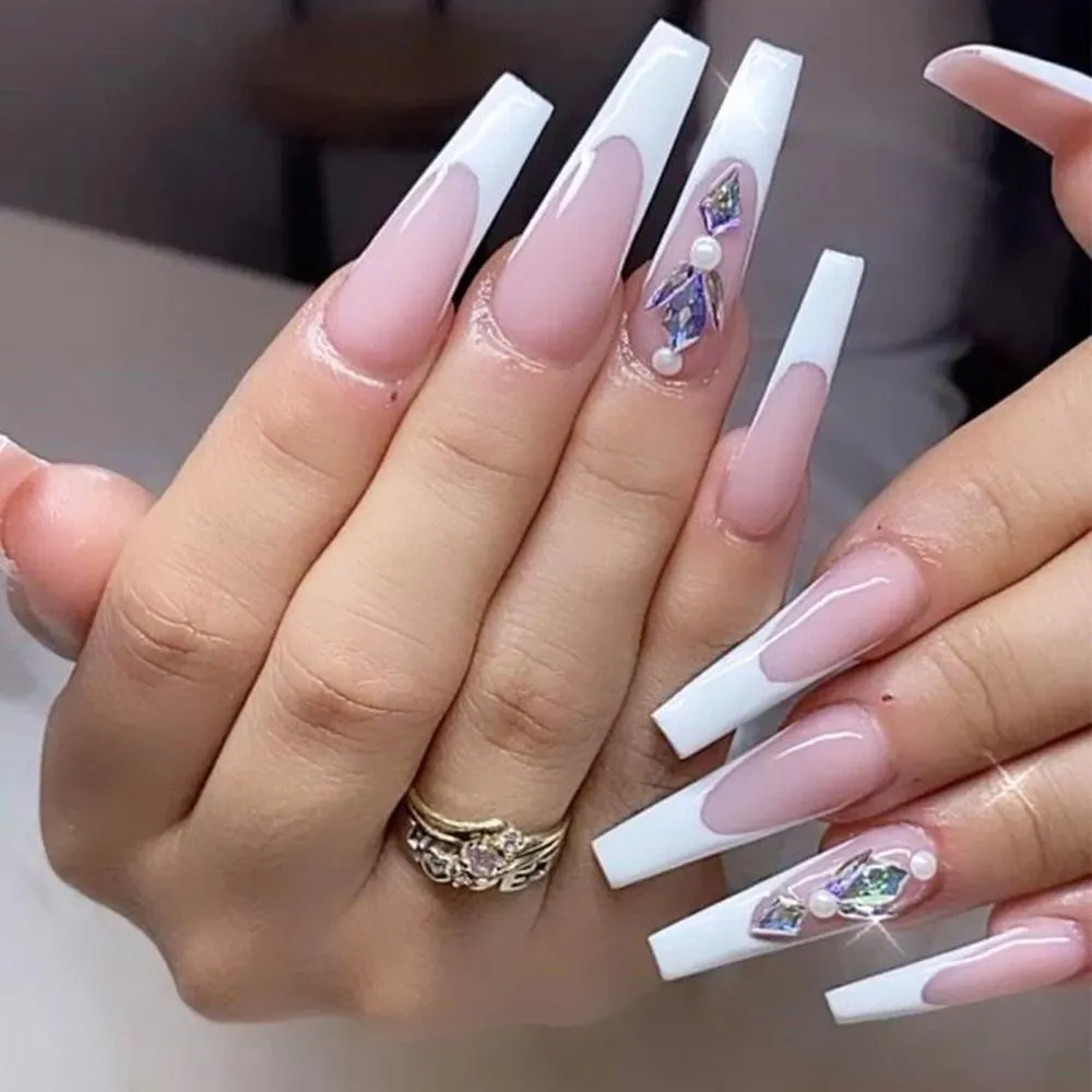 24pcs Extra Long Matte Fake Nails Ballerina Coffin Dark Blue Colorful Rhinestone Decals False Nails with designs Nail Art-Nail Inspo
