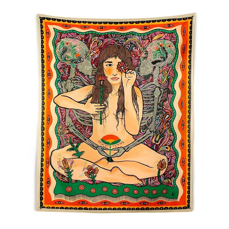 Skull Lover Tapestry Sexy Nude Women Tapestry Colorful Flower Moon Star Tapestry Wall Hanging Aesthetic Room Wall Decor Art