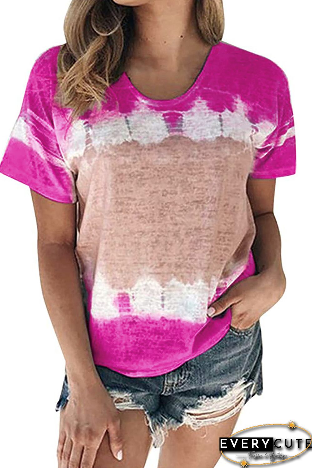 Rose Tie-dyed Color Block Print T-shirt
