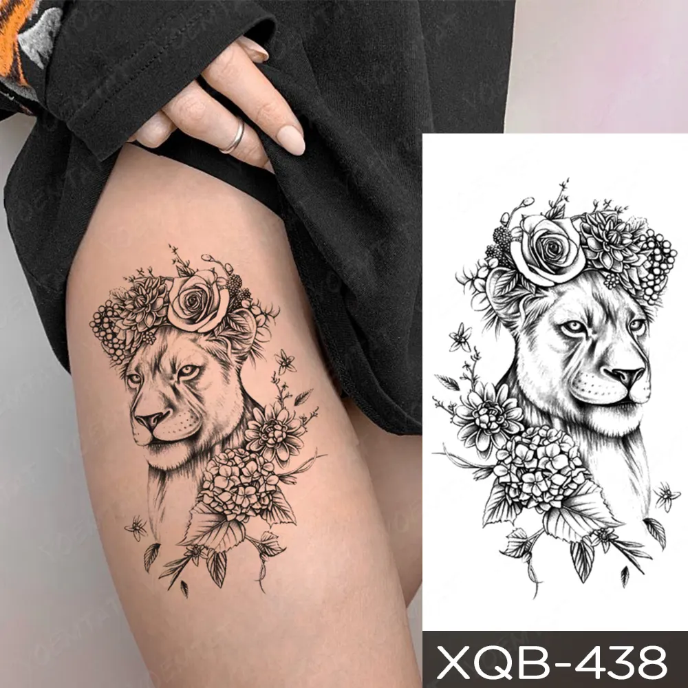 Sdrawing Temporary Tattoo Stickers Fox Lion Tiger Wolf Peony Rose Flowers Leaf Flash Tatto Women Men Body Art Arm Fake Tattoos