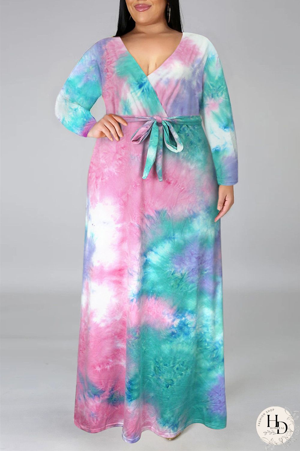Colour Fashion Casual Print Tie-dye V Neck Long Sleeve Plus Size Dress