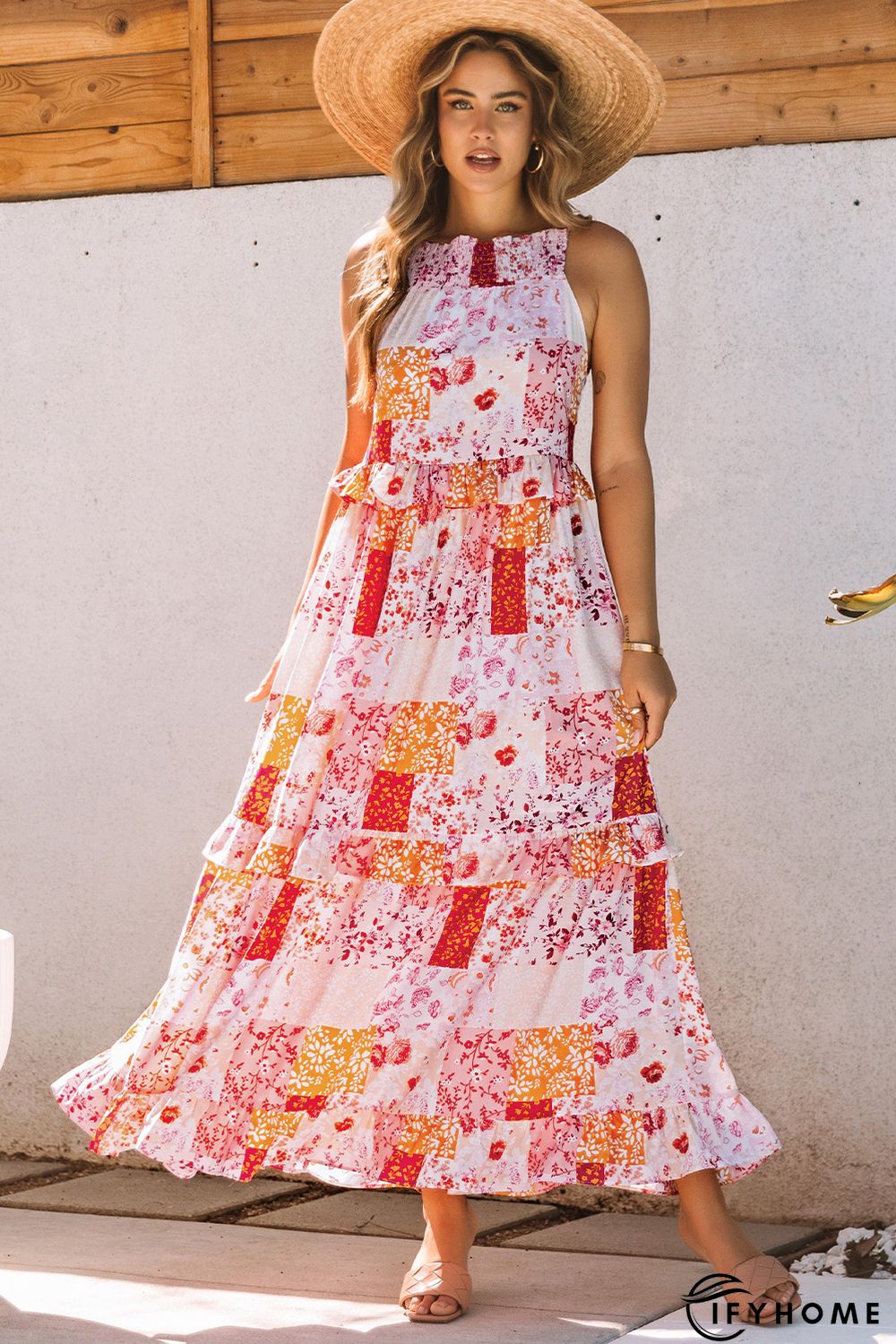 Multicolor Boho Geometric Floral Print Sleeveless Maxi Dress | IFYHOME