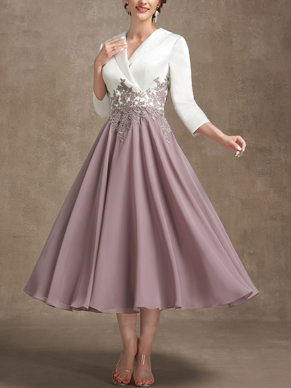 A-line V-Neck Tea Length Chiffon Lace Bridal Mom Dress