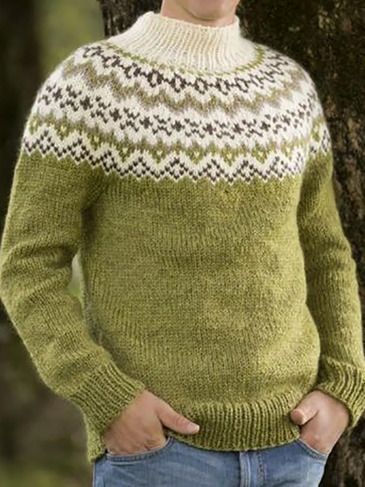 Retro Green Geometric Round Neck Knitted Sweater