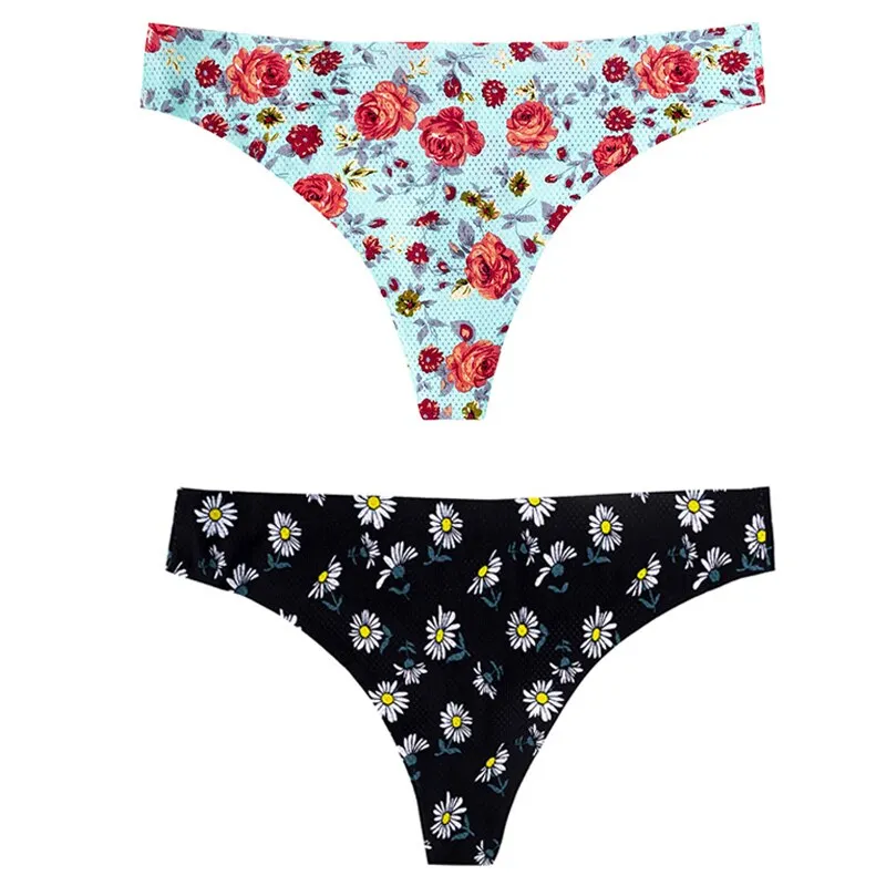 CINOON 2pcs Sexy Flowers Lingerie Woman Knickers Low-waist Panties Thong Seamless Breathable Underwear Female G String Intimates