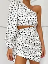 Stylish Polka-Dot Pleated Asymmetric Long Sleeves Shirts+Skirt  Two Pieces Set