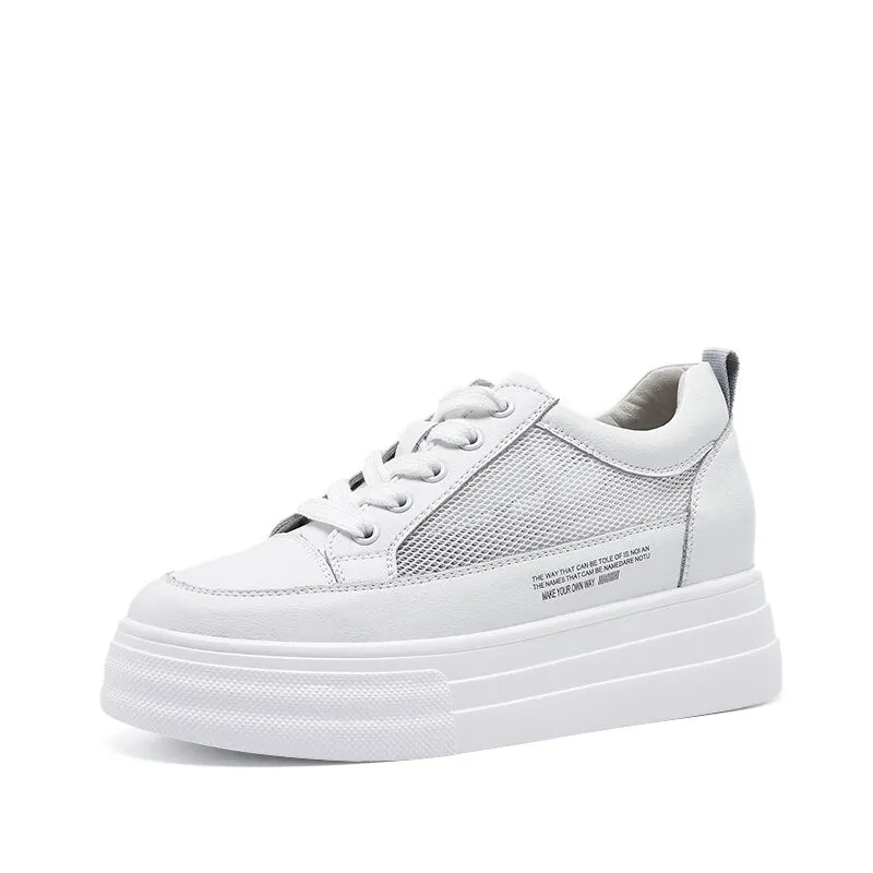 Fashion White Split Leather Women Chunky Sneakers White Shoes Lace Up Tenis Feminino Zapatos De Mujer Platform Women Casual Shoe
