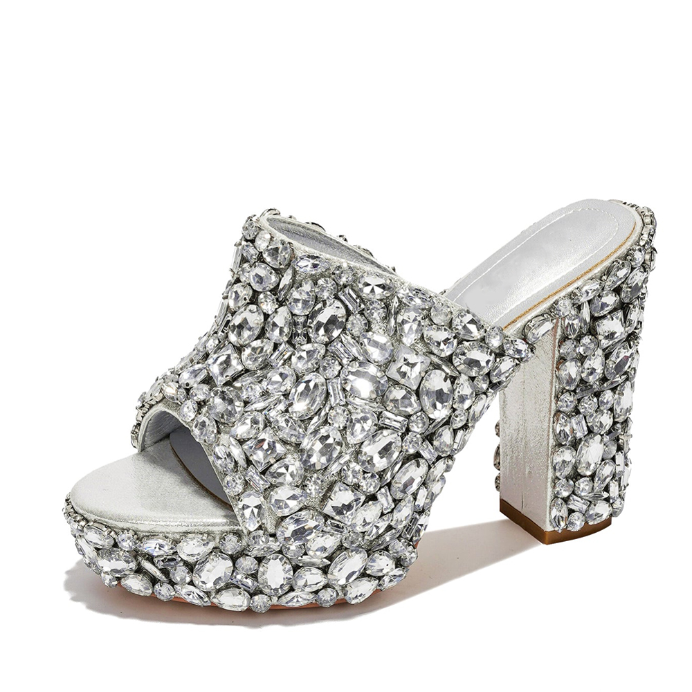 GOOSHOE Rhinestone Women Thick Platform Silver Sandals Square Open Toe High Chunky Heels