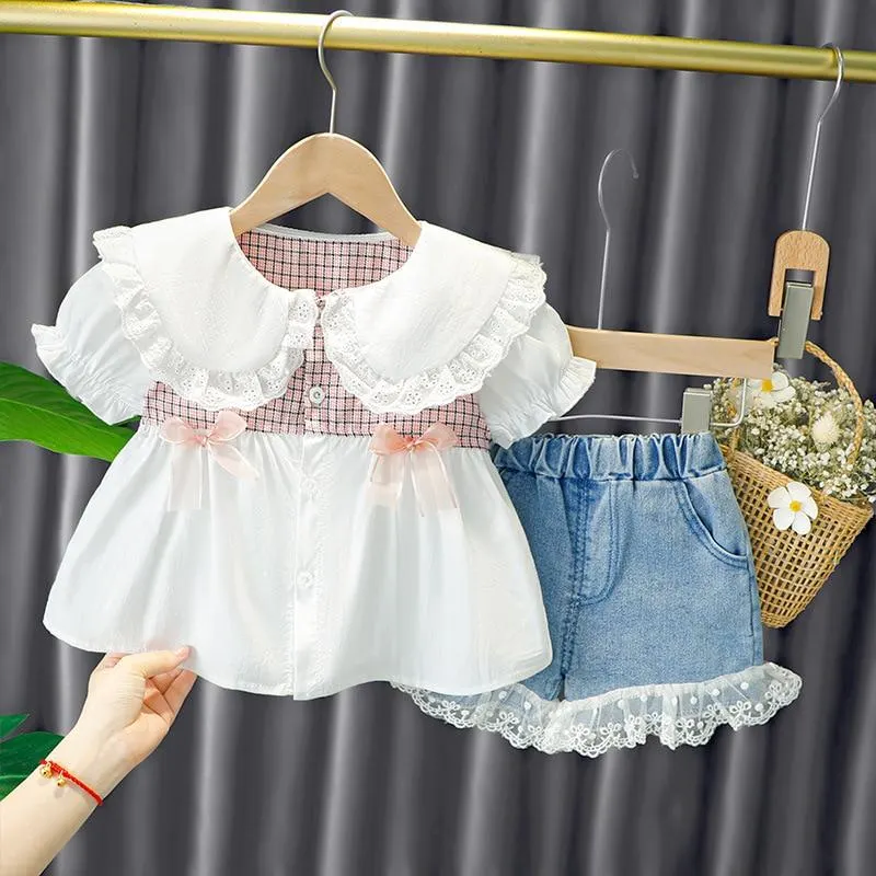 Sweet Flower Girl dress 1 2 3 4 Years Children Summer ClotheFashion Pure Cotton Princess Plaid Shirt Puff Sleeve Lace Shorts Set