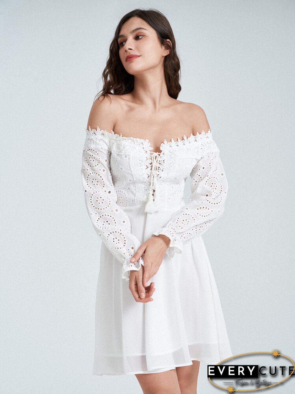 Lace Trim Panel Off Shoulder Tie Front Overlay Dress