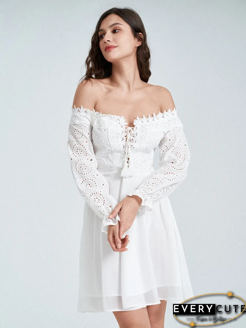 Lace Trim Panel Off Shoulder Tie Front Overlay Dress