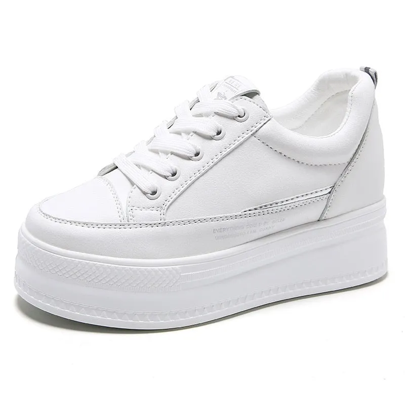 Fujin 8cm Leather Microfiber Women Casual Shoes Platform Wedge Hidden Heel Summer Shoes Platform Chunky Sneakeers Fashion White
