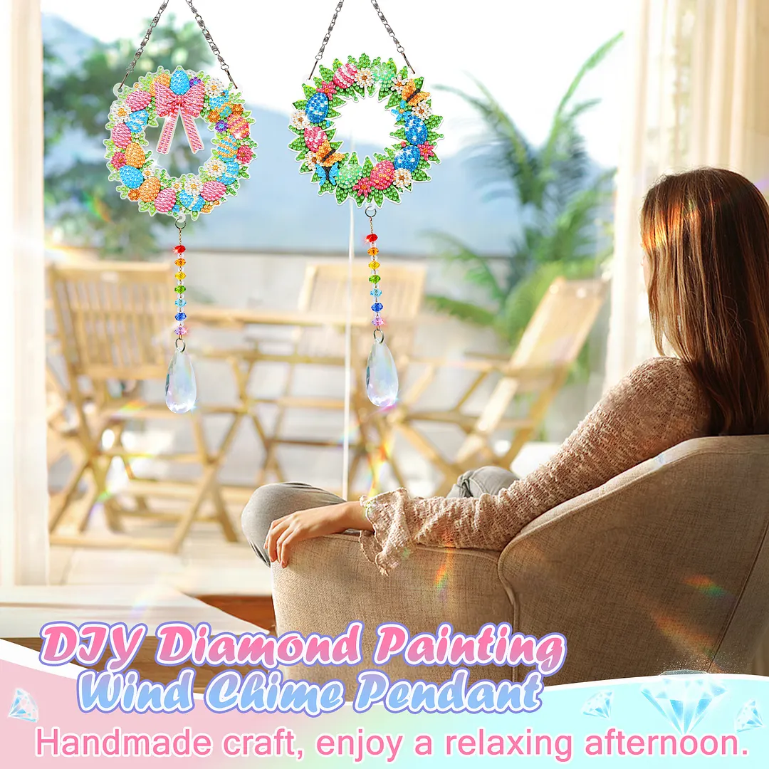 2Pcs Wreath DIY Acrylic Diamond Painting Art Wind Chimes with Crystal Pendant Diamond Art Hanging Pendant Double-Sided for Adults Beginners Gift Home Garden Decor