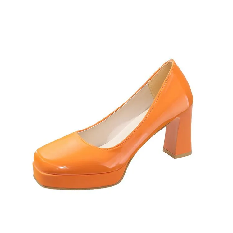 Churchf Churchf Size Square Head High Heels Fashion Waterproof Platform Women's Fashion Cover Foot Bright Skin Thick Heel Work Single Shoes