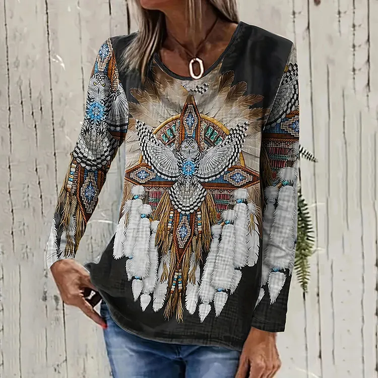 Vintage Western Print Round Neck Long Sleeve Casual T-shirt